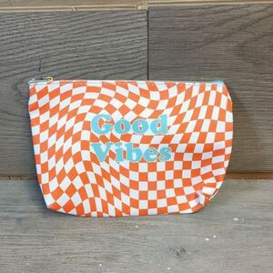 Good Vibes Orange & White Checkered Cosmetic Bag